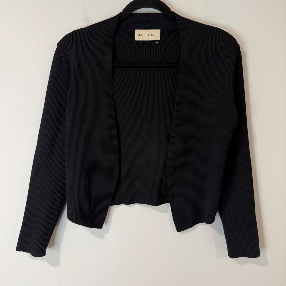 M.M. LaFleur Womens Knit Cardigan XS Black Excellent Ribbed Open Front Cropped